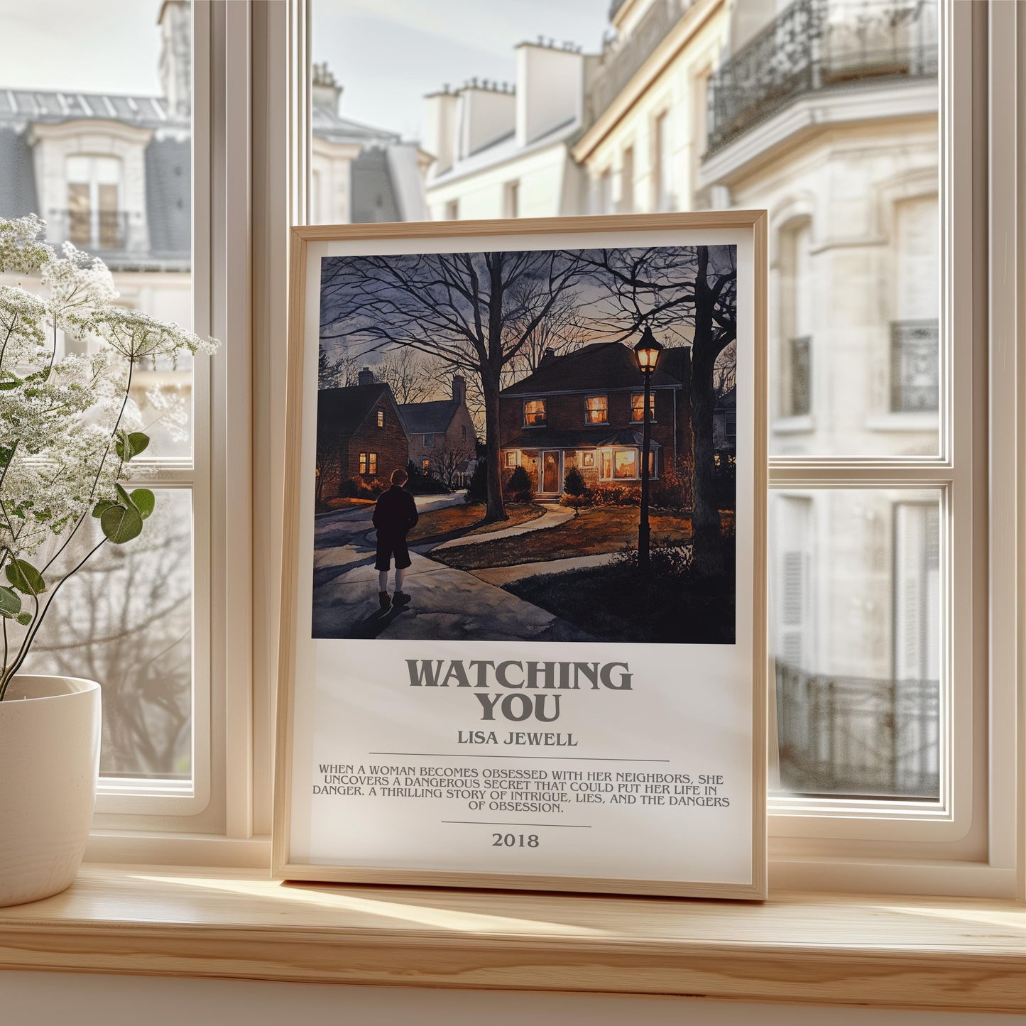 Watching You bookish print framed by window – literary home decor