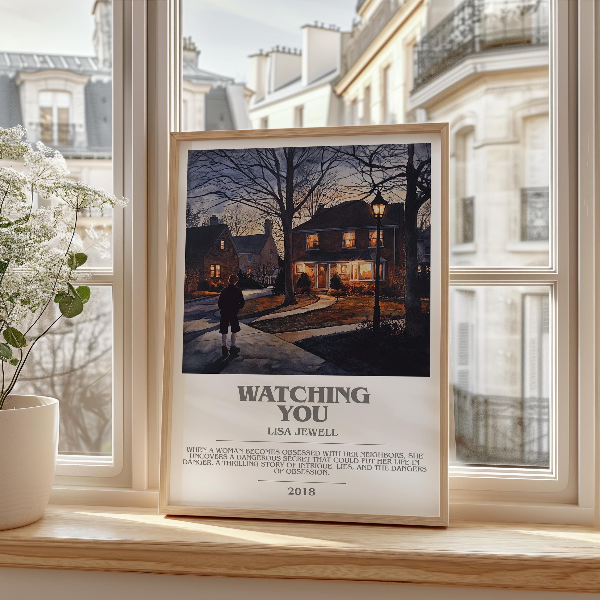 Watching You bookish print framed by window – literary home decor