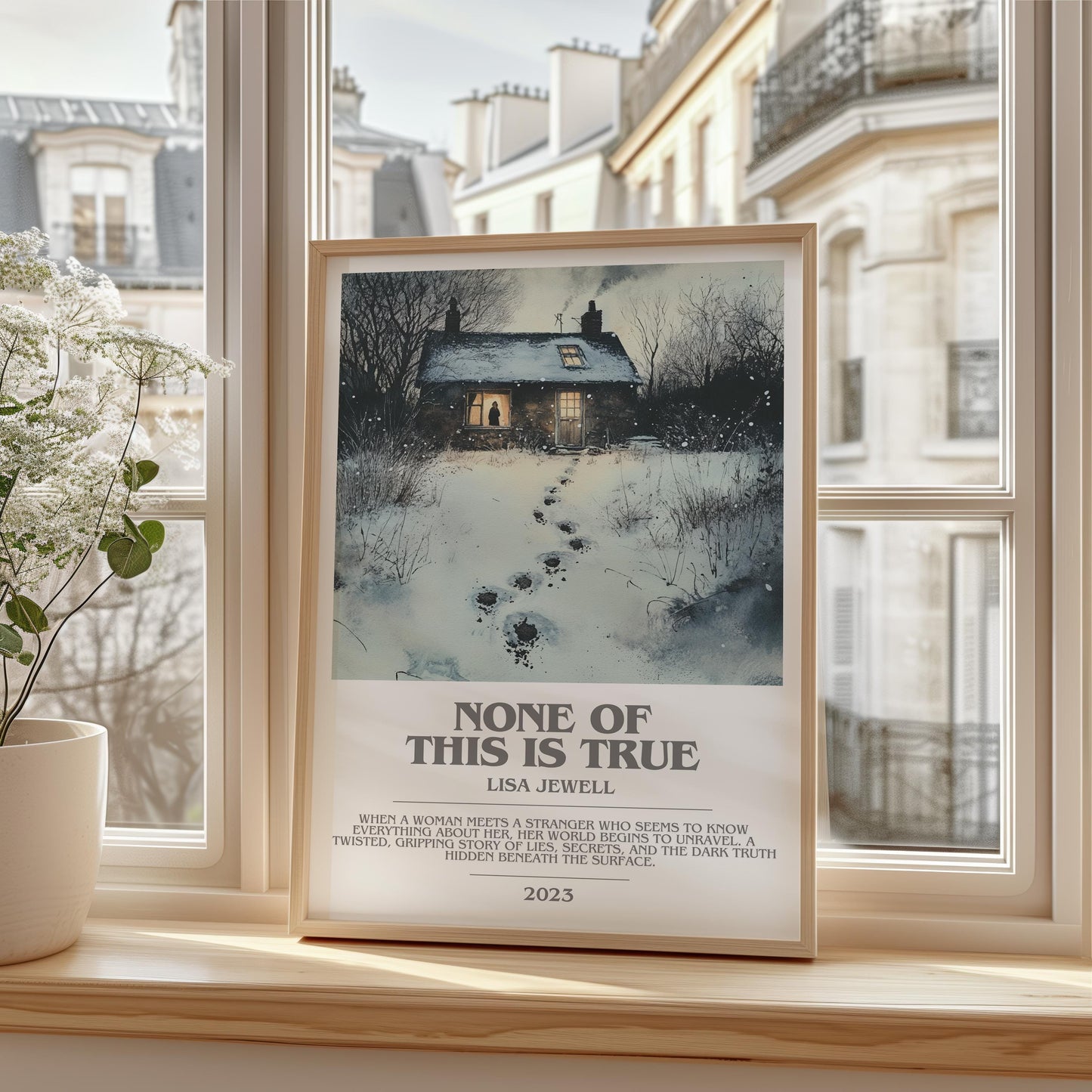 None of this is True bookish print framed by window – literary home decor