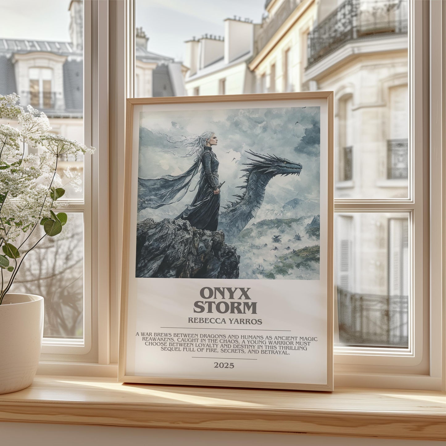Onyx Storm bookish print framed by window – literary home decor
