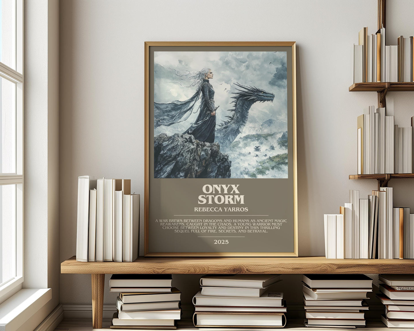 Onyx Storm bookish print on bookshelf – Rebecca Yarros fan gift