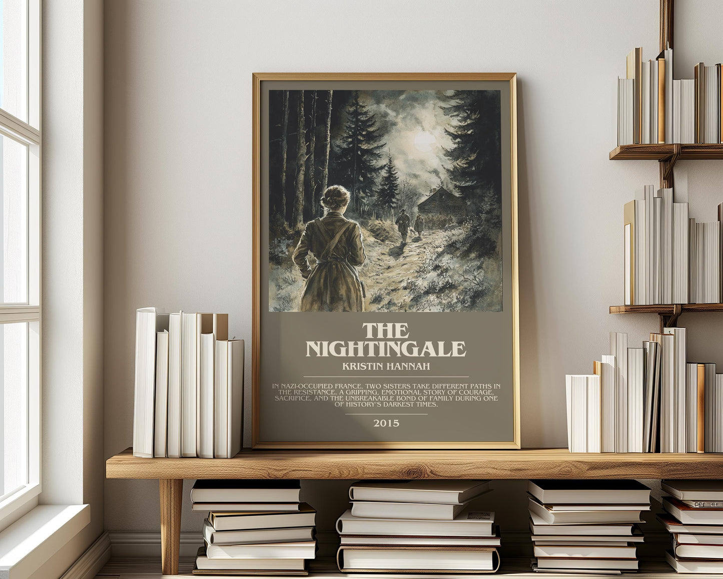 The Nightingale bookish print on bookshelf – Kristin Hannah fan gift
