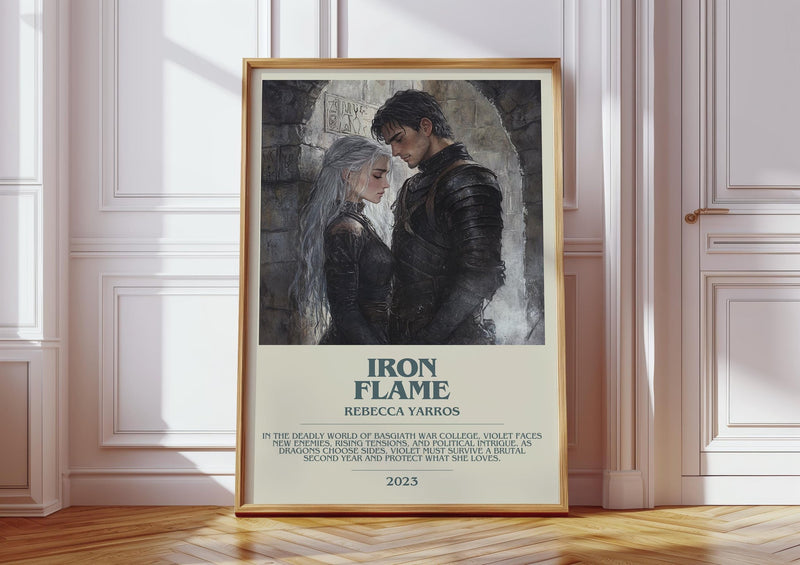 Iron Flame bookish print in frame leaning in hallway – fantasy wall art