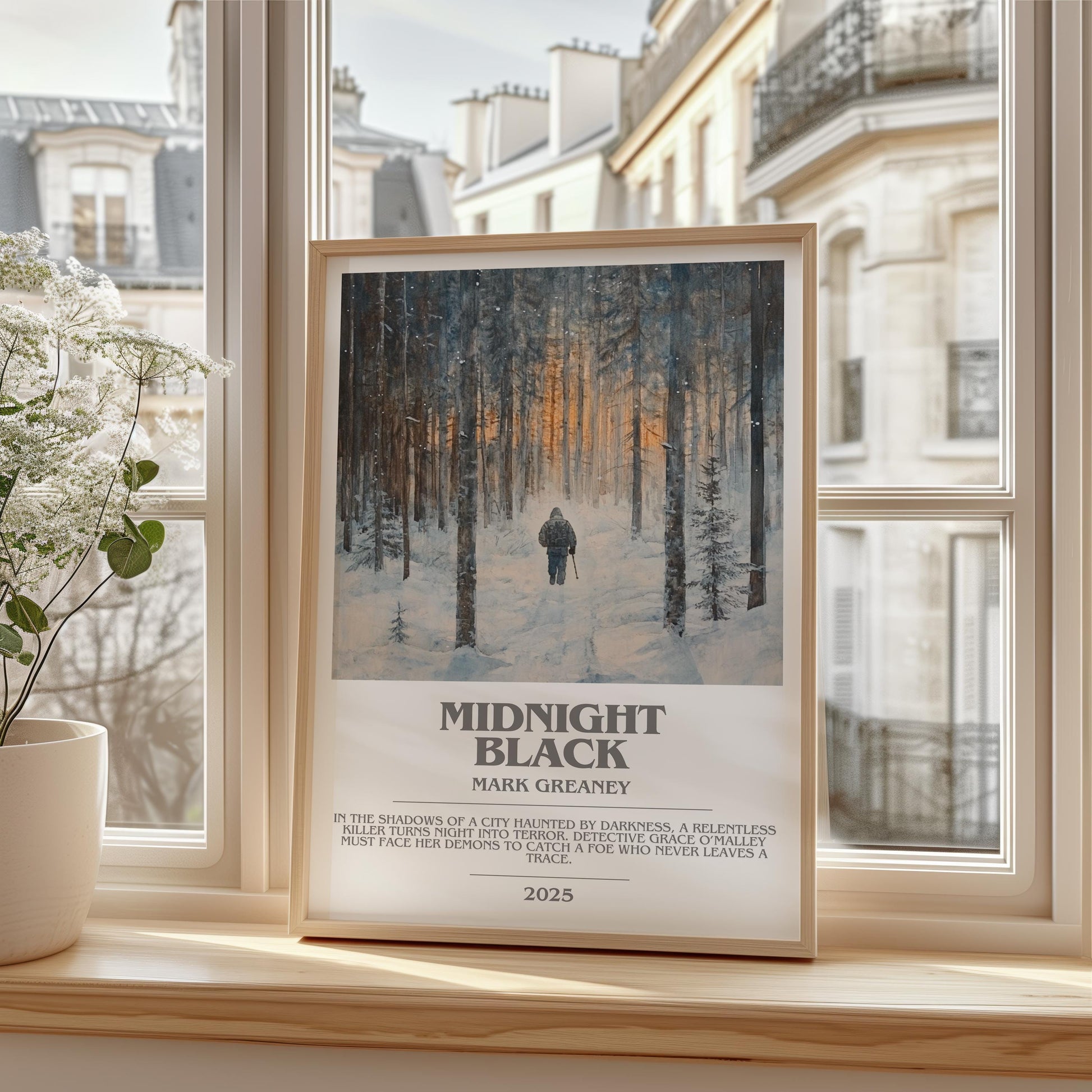 Midnight Black bookish print framed by window – literary home decor