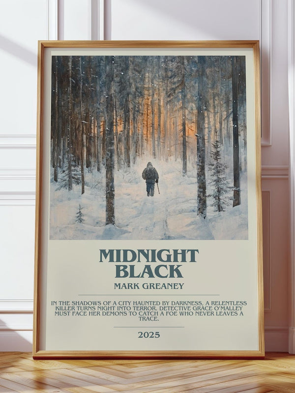 Midnight Black bookish print in frame leaning in hallway – thriller wall art