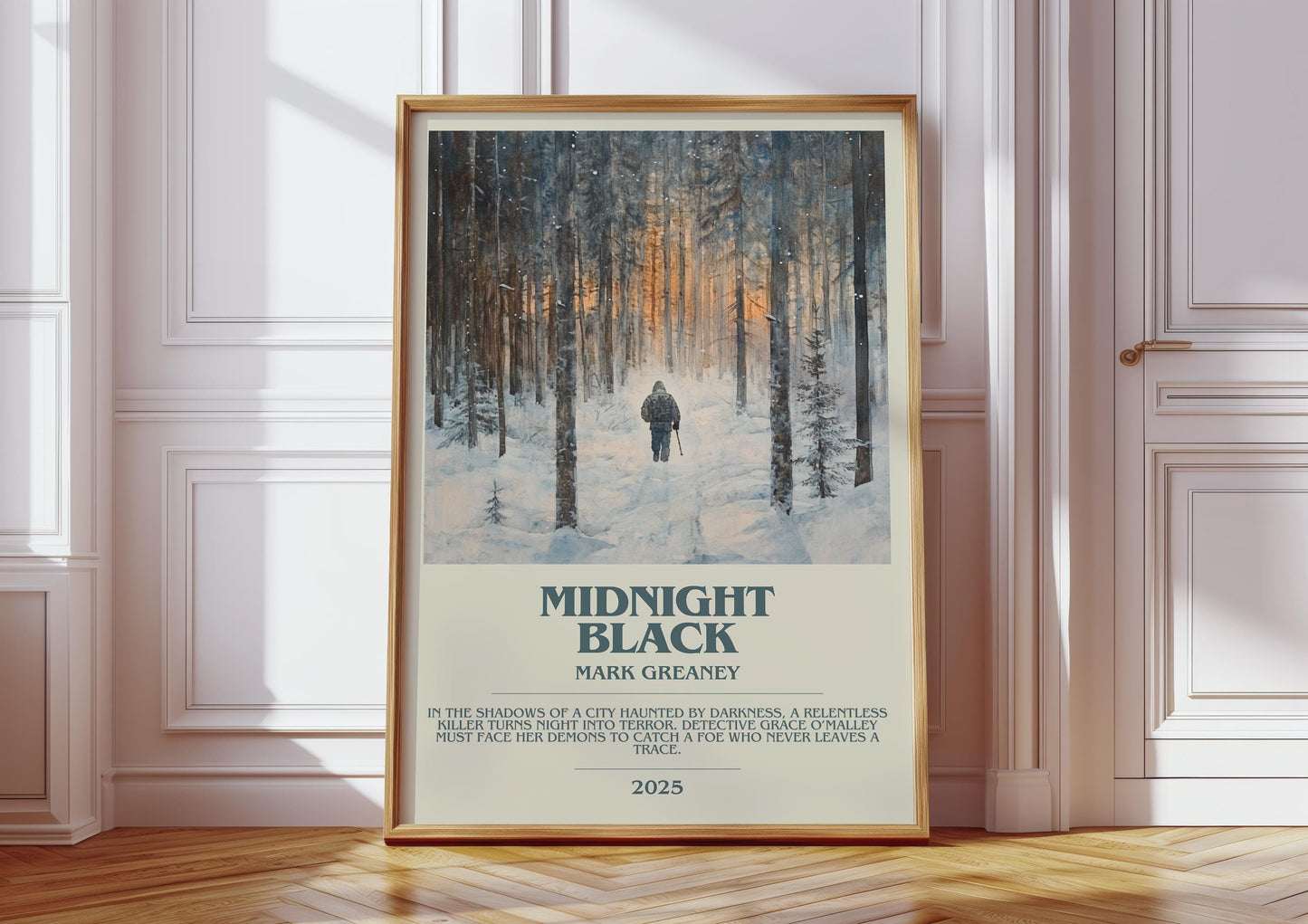 Midnight Black bookish print in frame leaning in hallway – thriller wall art