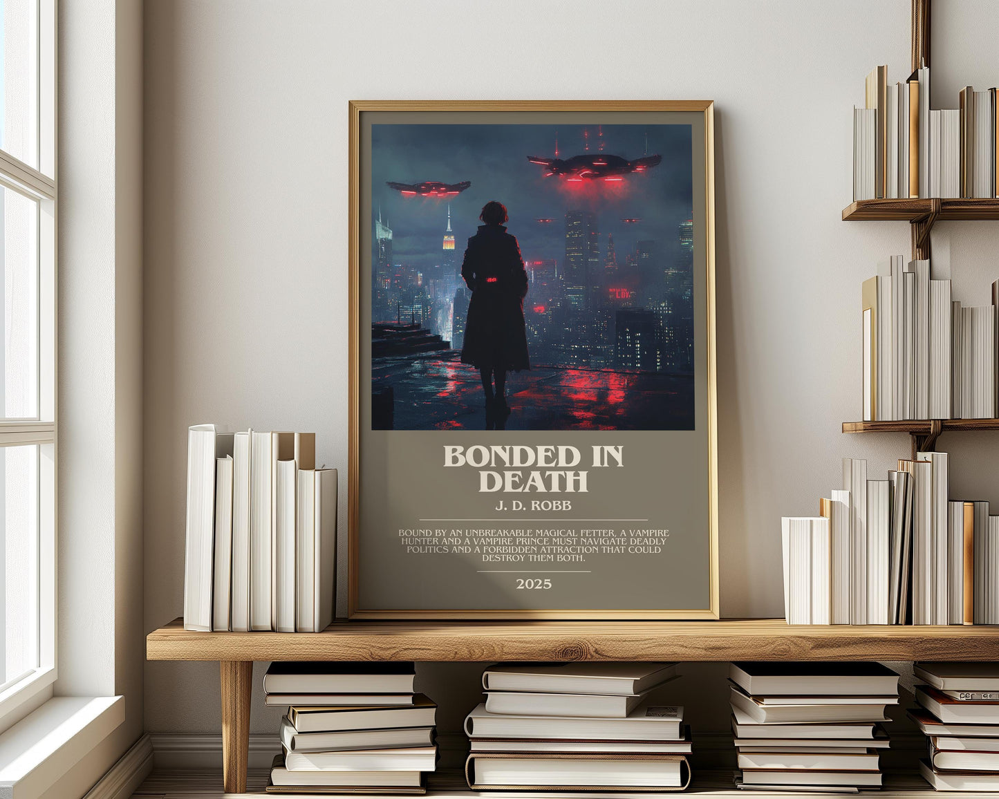 Bonded in Death bookish print on bookshelf – J. D. Robb fan gift