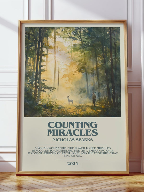Counting Miracles bookish print in frame leaning in hallway – romance wall art