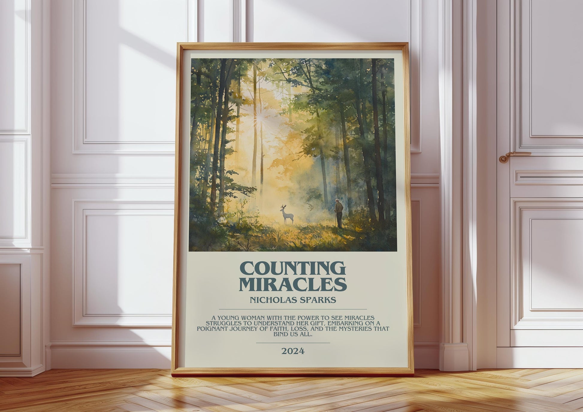 Counting Miracles bookish print in frame leaning in hallway – romance wall art