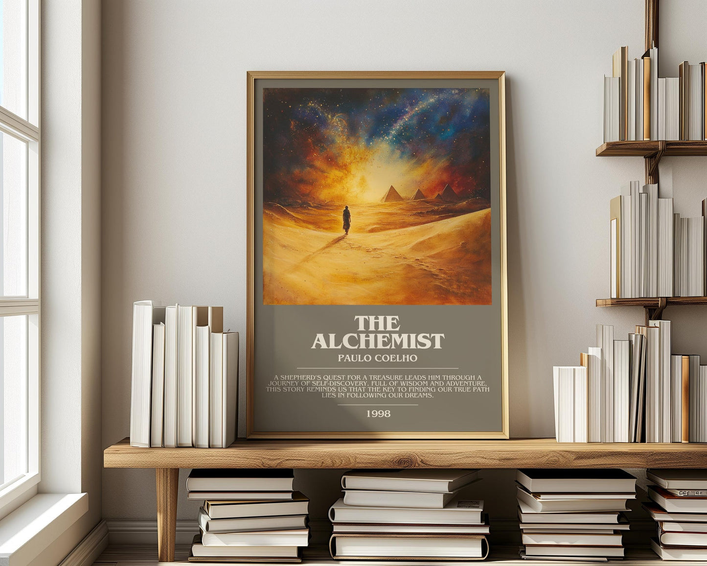The Alchemist bookish print on bookshelf – Paulo Coelho fan gift