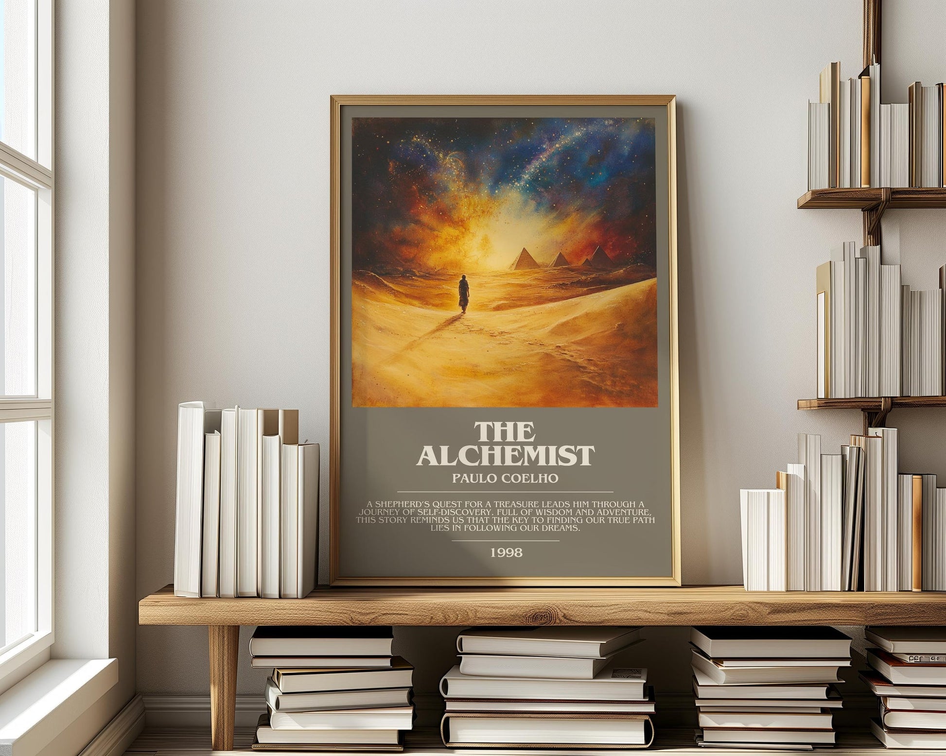 The Alchemist bookish print on bookshelf – Paulo Coelho fan gift