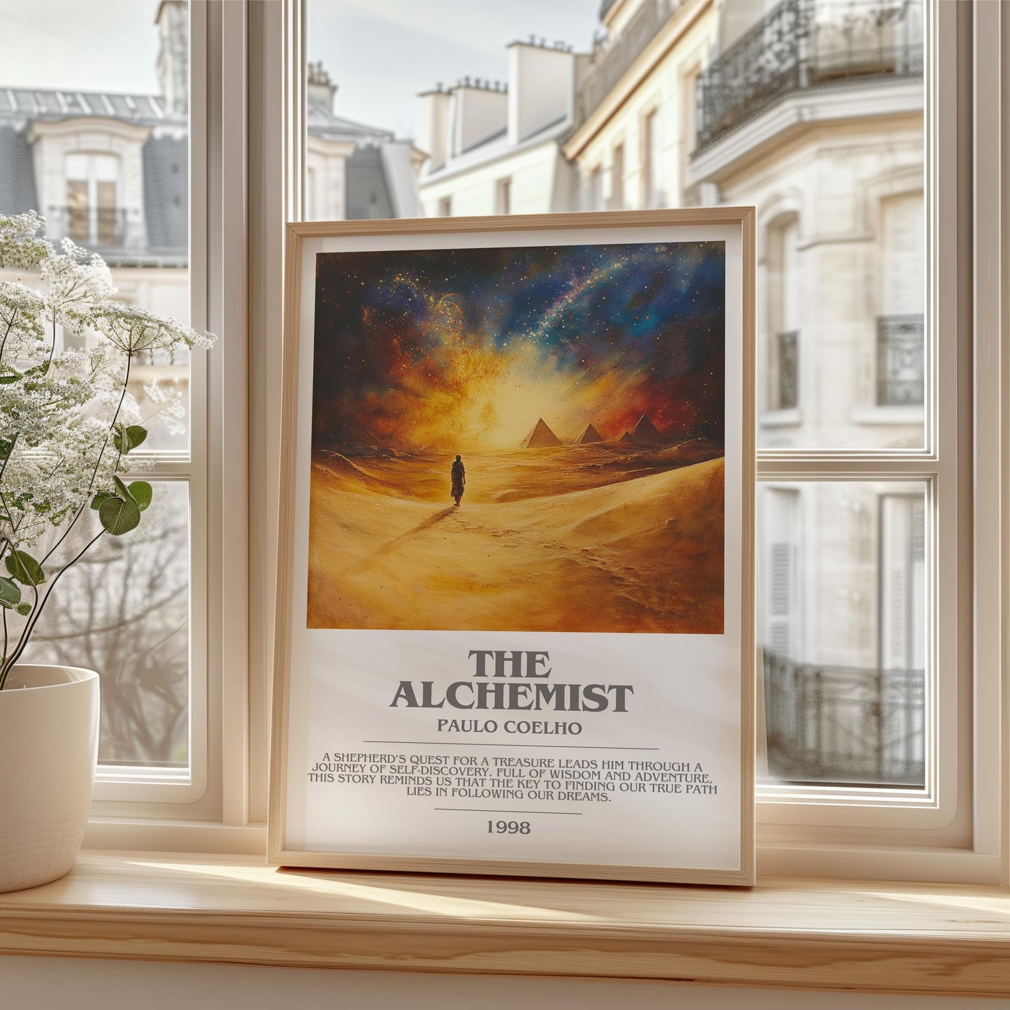 The Alchemist bookish print framed by window – literary home decor