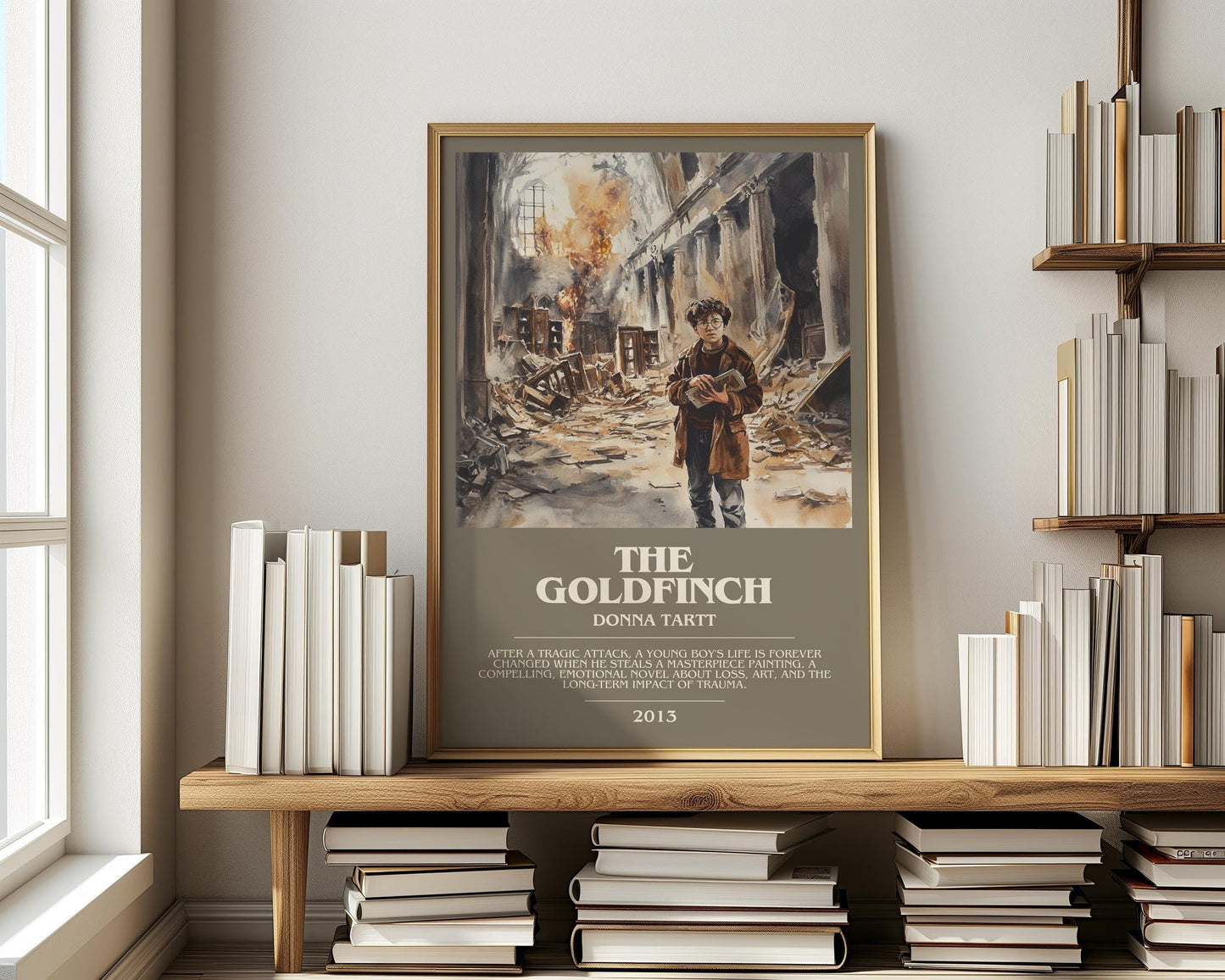 The Goldfinch bookish print on bookshelf – Donna Tartt fan gift