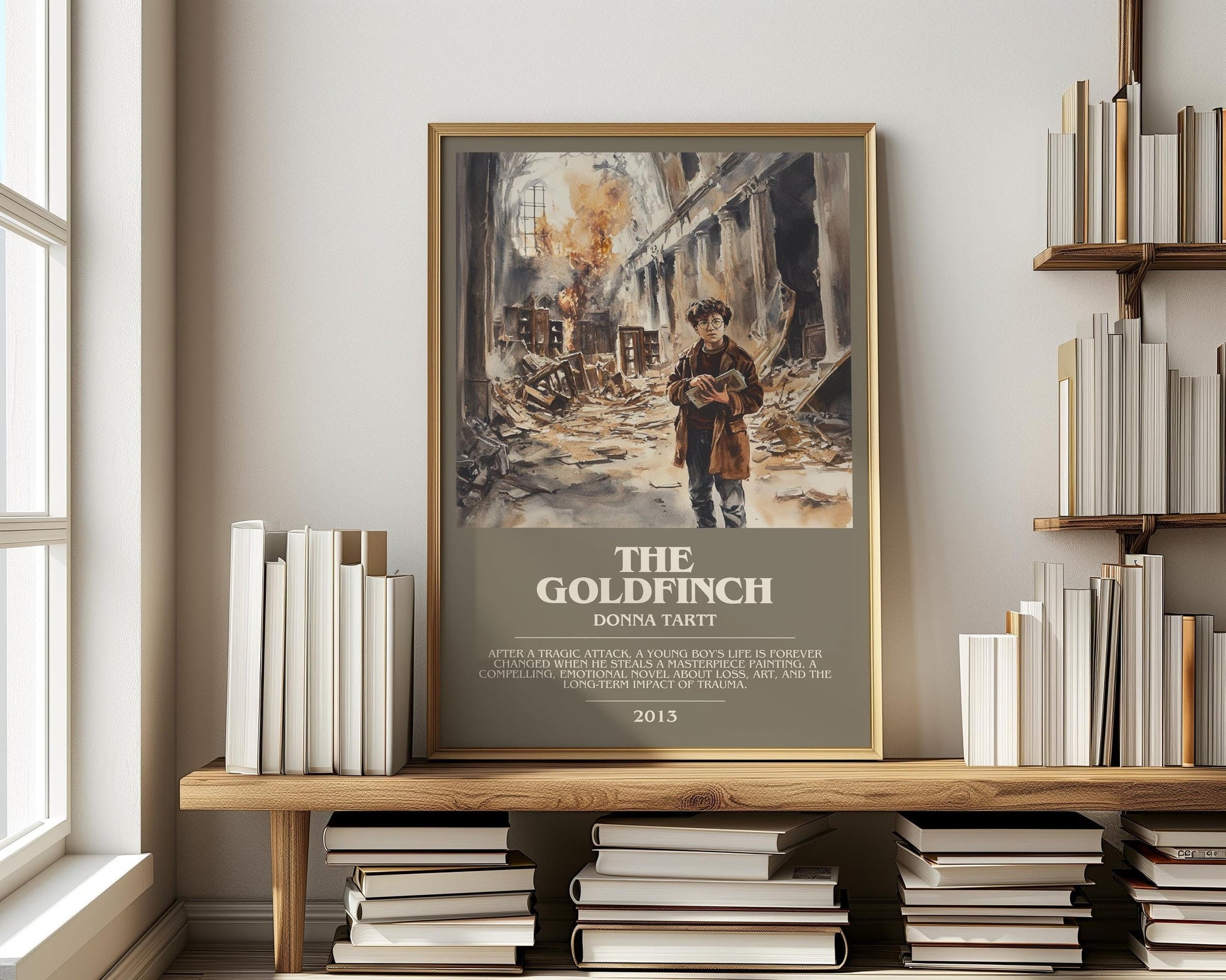 The Goldfinch bookish print on bookshelf – Donna Tartt fan gift