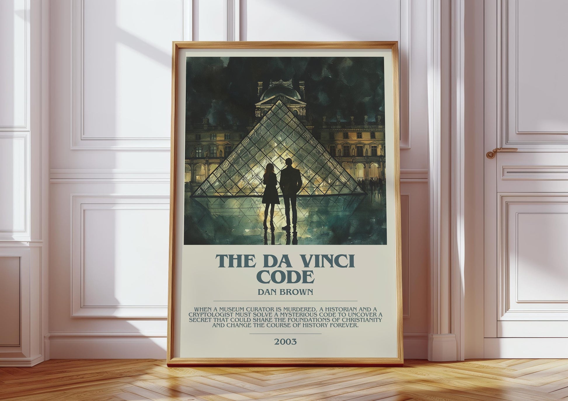 The Da Vinci Code bookish print in frame leaning in hallway – thriller wall art