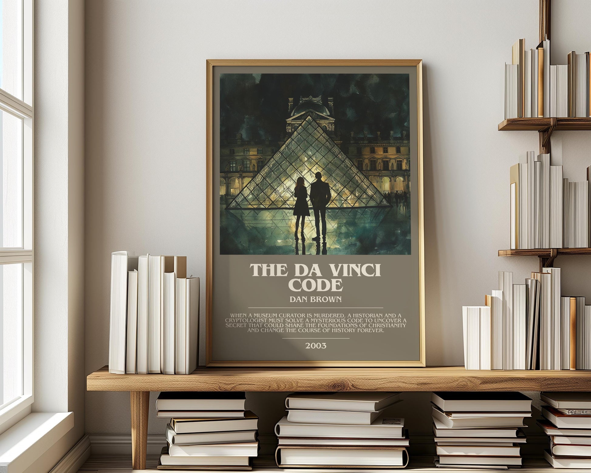 The Da Vinci Code bookish print on bookshelf – Dan Brown fan gift