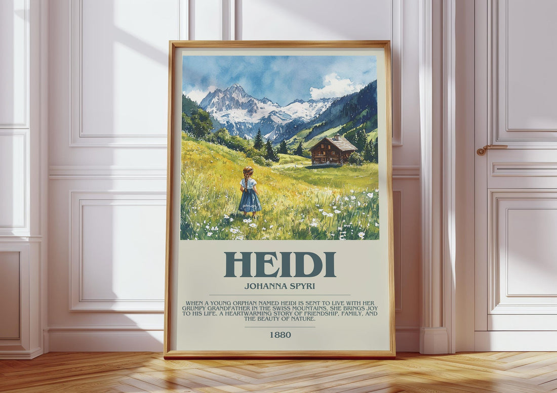 Heidi bookish print in frame leaning in hallway – childrens wall art (mockup)