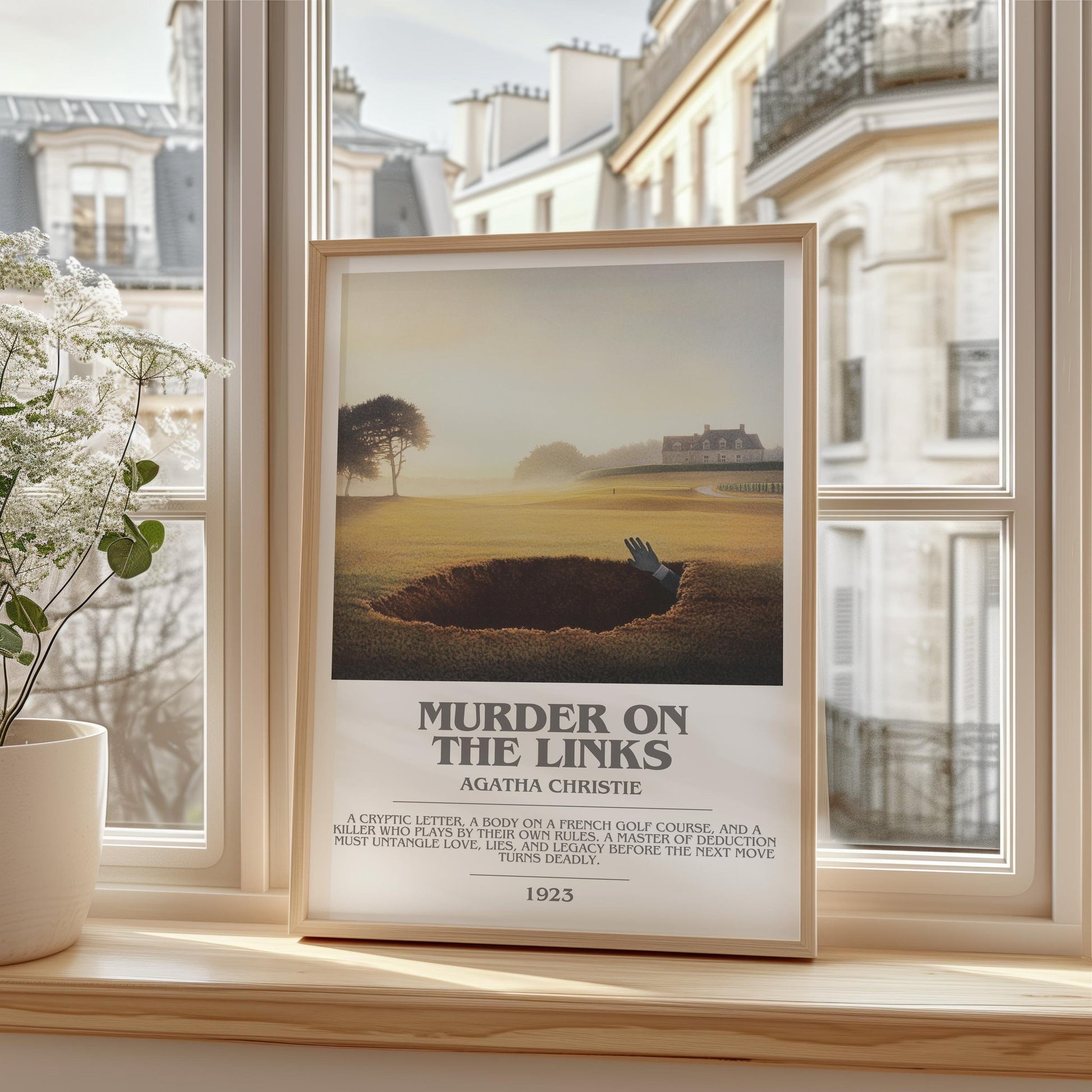 The Murder on the Links bookish print framed by window – literary home decor