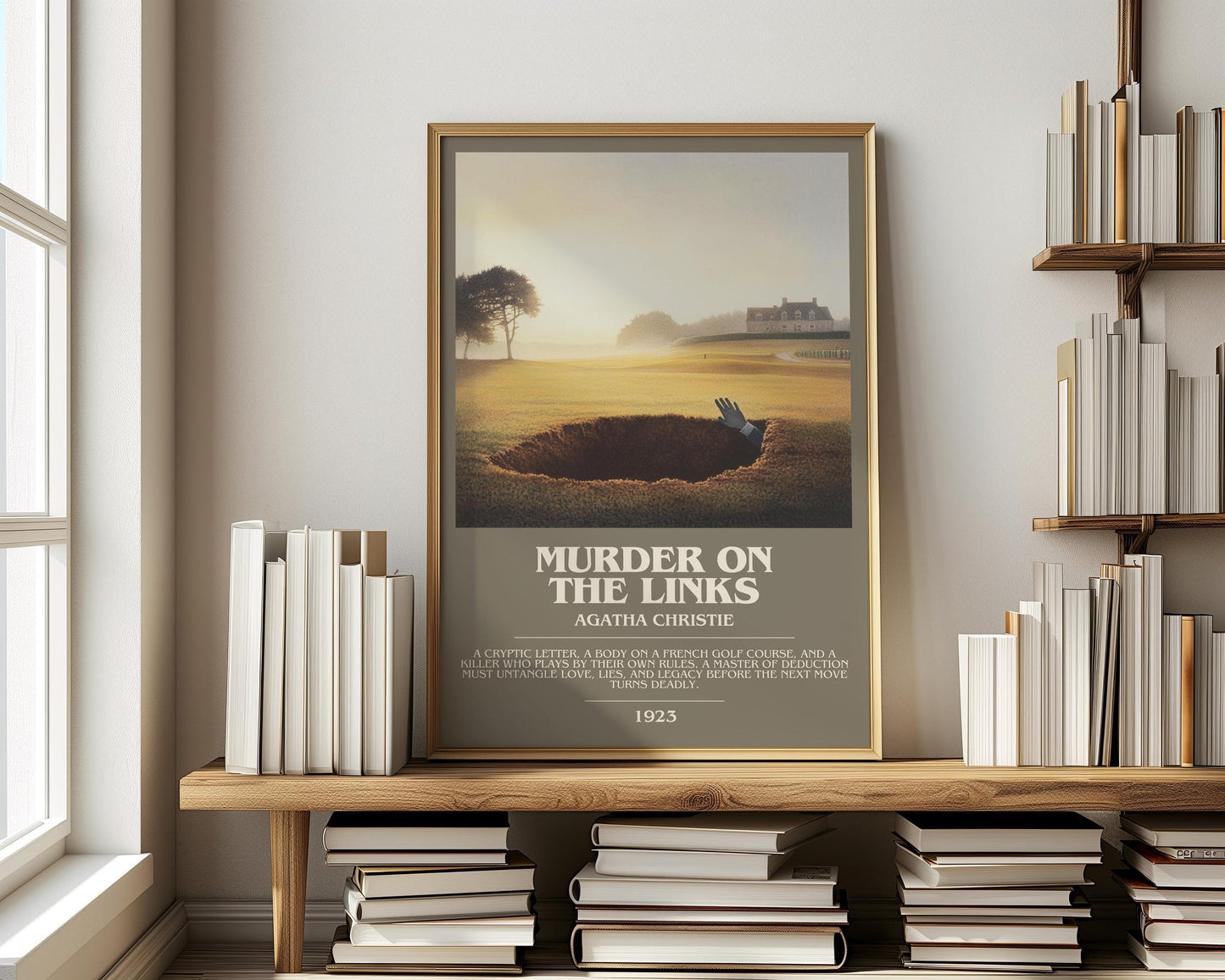 The Murder on the Links bookish print on bookshelf – Agatha Christie fan gift