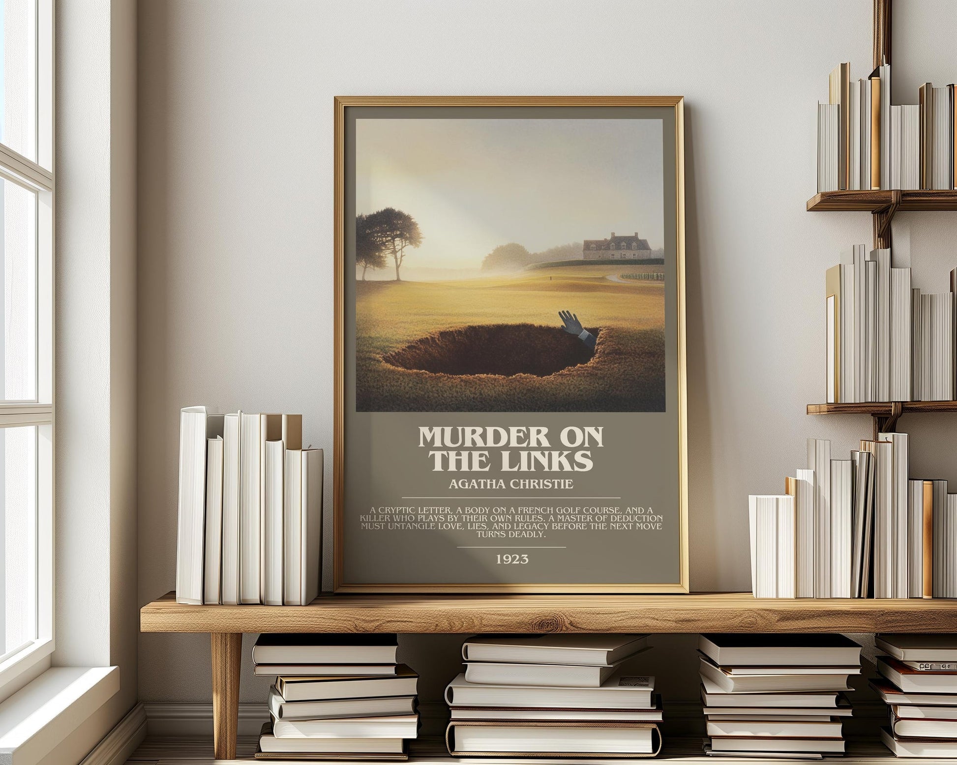The Murder on the Links bookish print on bookshelf – Agatha Christie fan gift