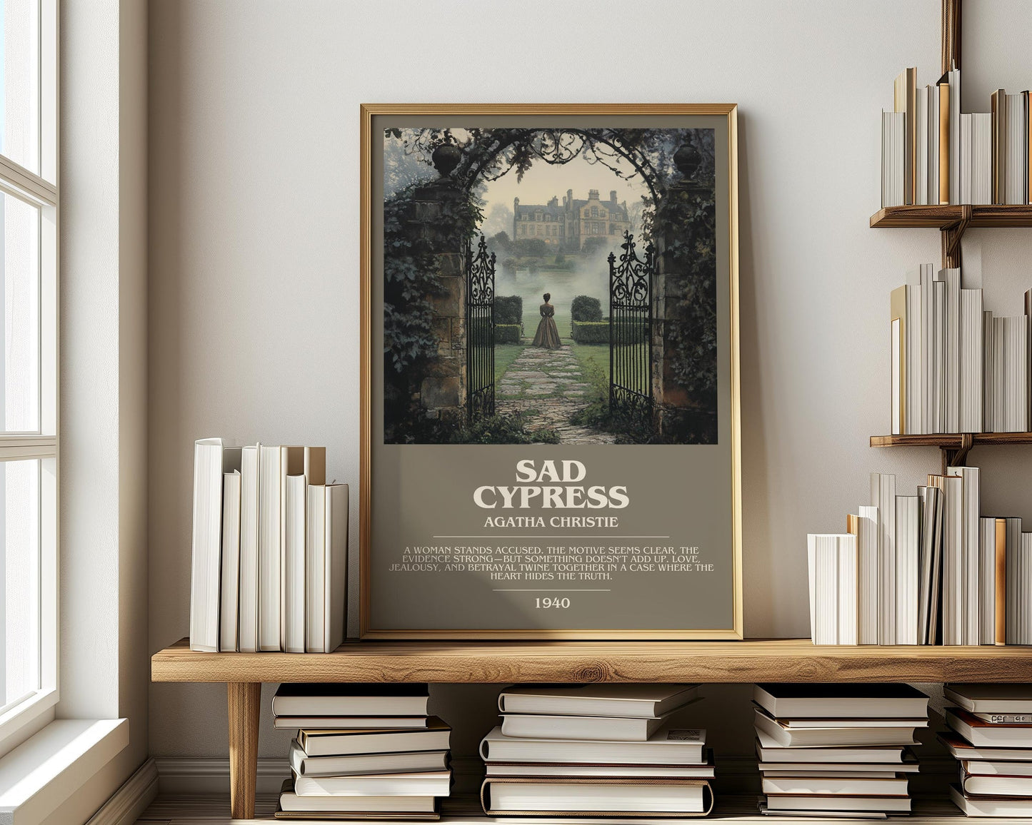 Sad Cypress bookish print on bookshelf – Agatha Christie fan gift