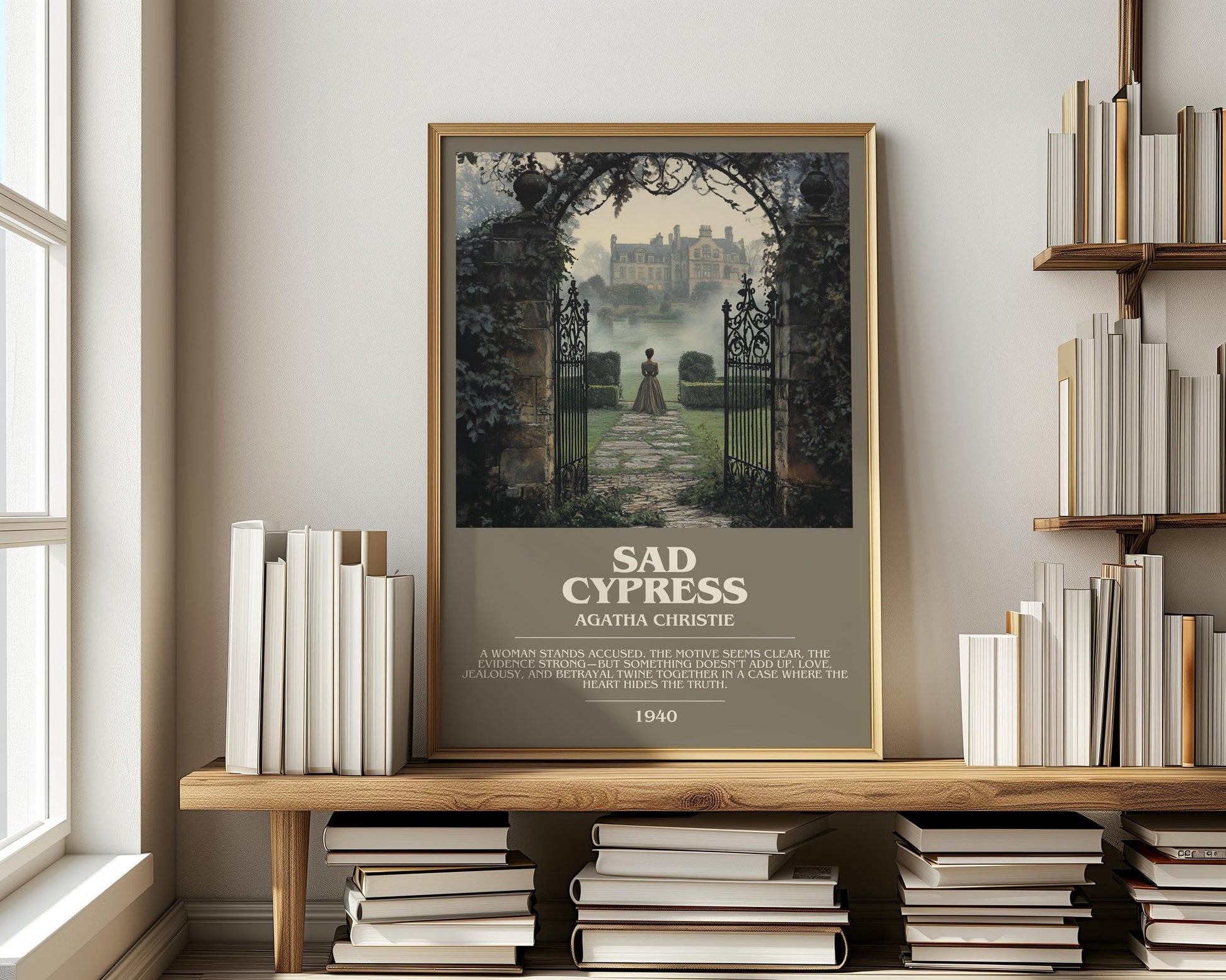 Sad Cypress bookish print on bookshelf – Agatha Christie fan gift
