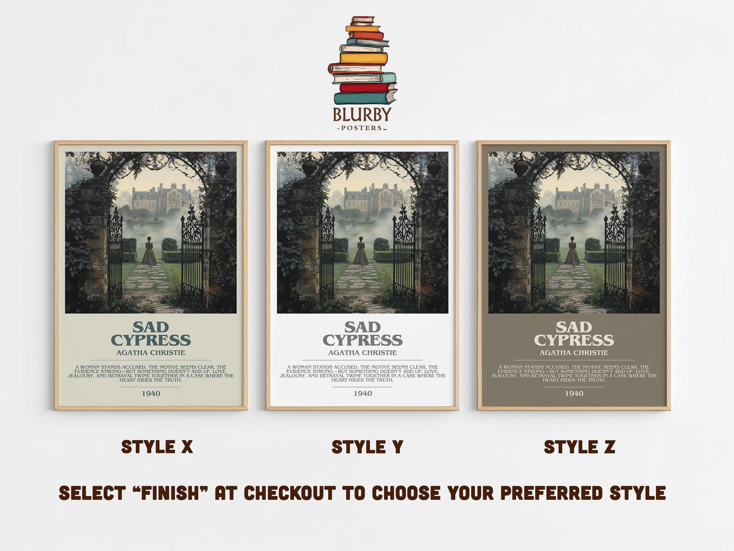 Sad Cypress bookish poster colour and style options – Agatha Christie book art