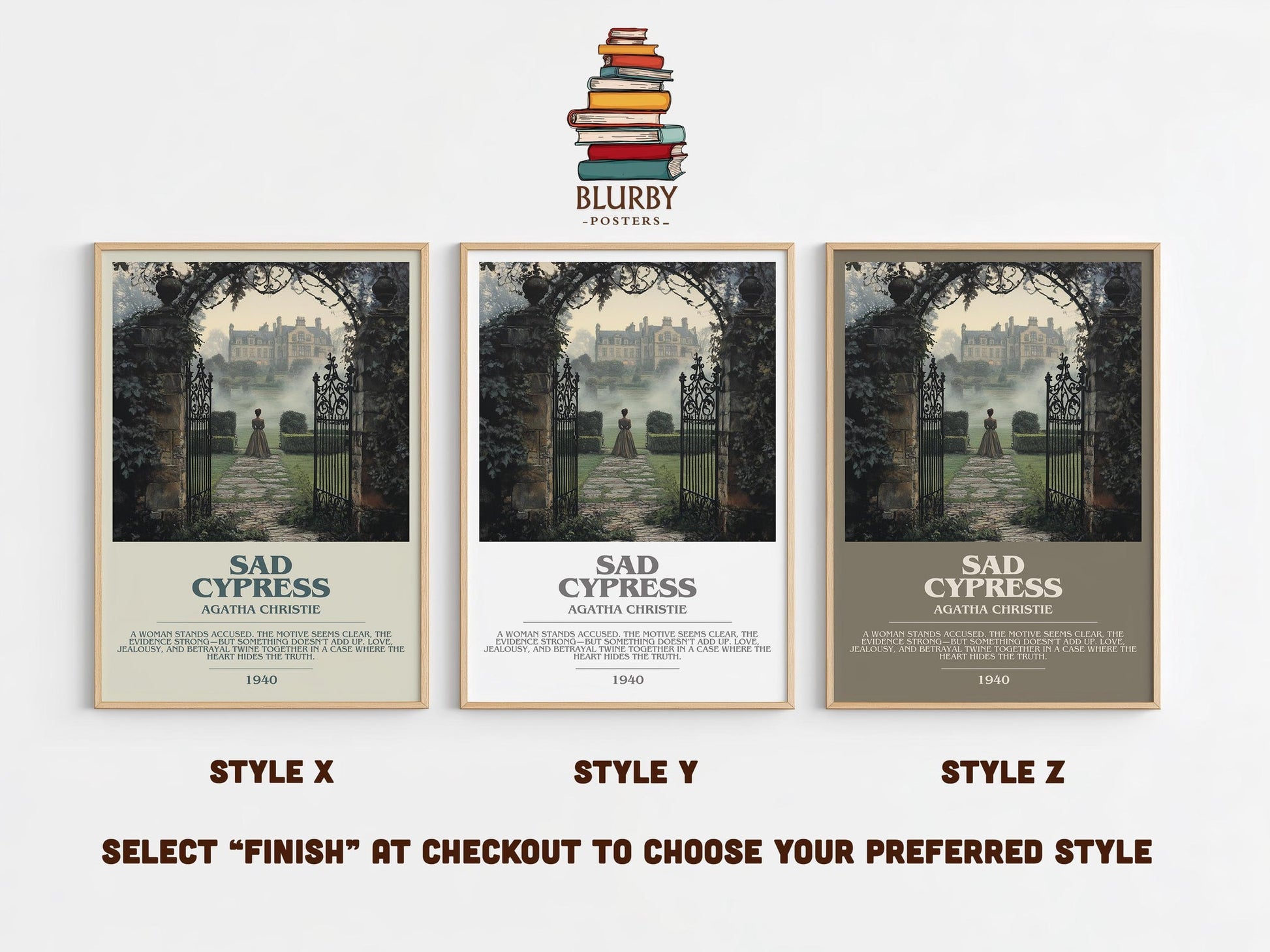 Sad Cypress bookish poster colour and style options – Agatha Christie book art