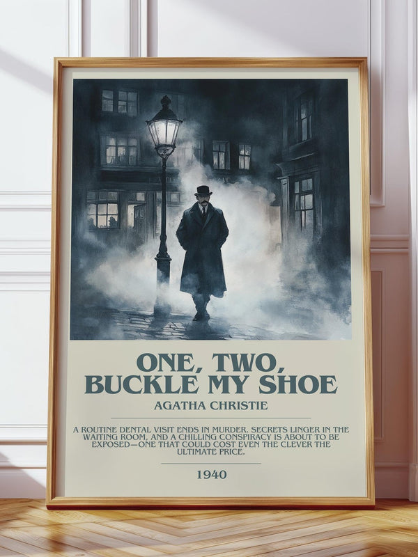 One, Two, Buckle My Shoe bookish print in frame leaning in hallway – mystery wall art