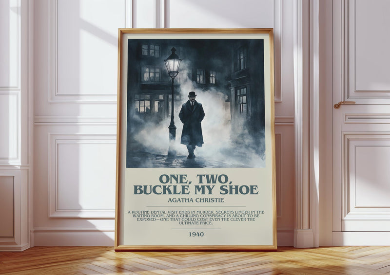 One, Two, Buckle My Shoe bookish print in frame leaning in hallway – mystery wall art