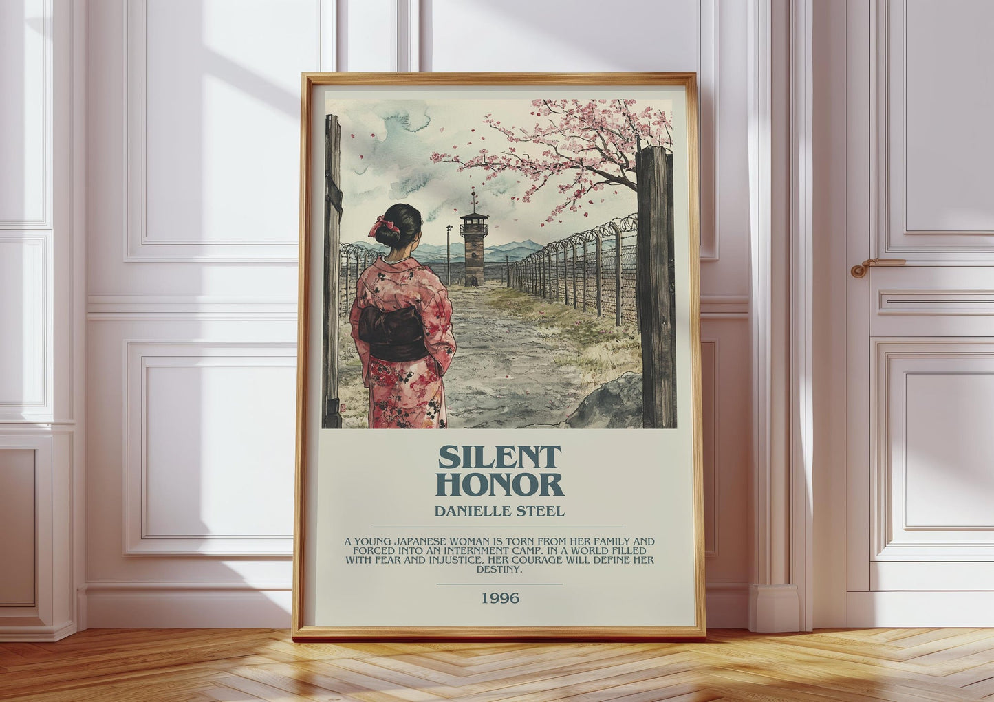 Silent Honour bookish print in frame leaning in hallway – historical fiction wall art