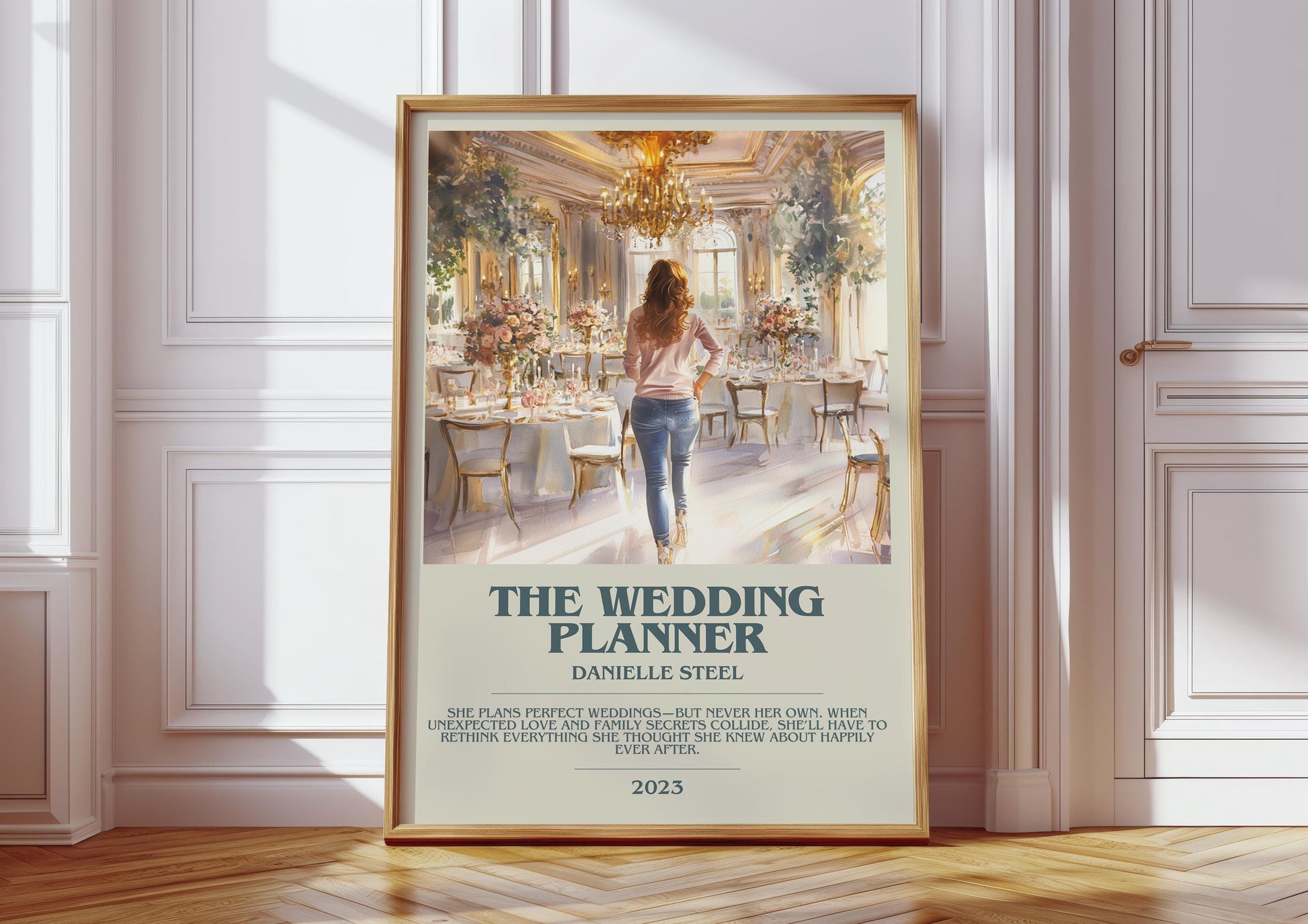 The Wedding Planner bookish print in frame leaning in hallway – romance wall art