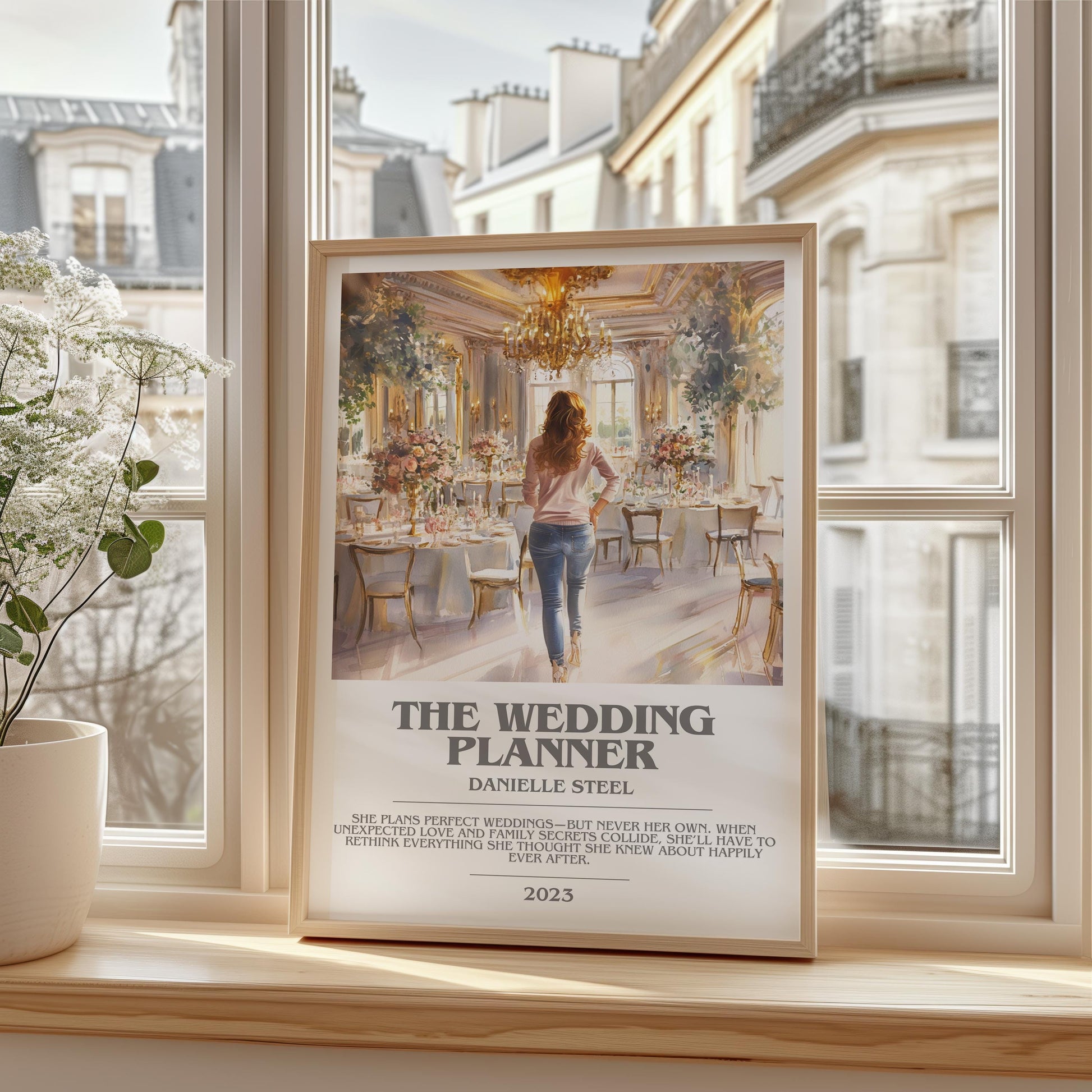 The Wedding Planner bookish print framed by window – literary home decor