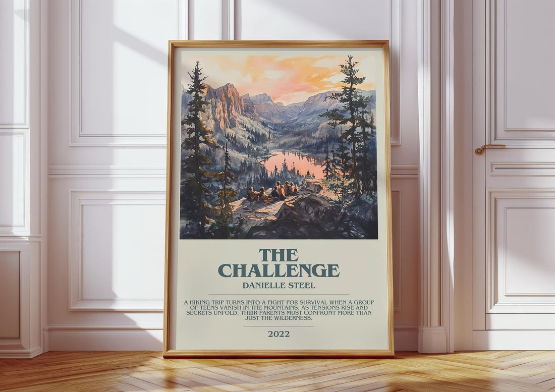 The Challenge bookish print in frame leaning in hallway – romance wall art (mockup)