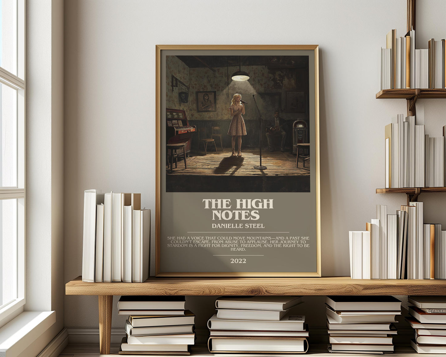 The High Notes bookish print on bookshelf – Danielle Steel fan gift