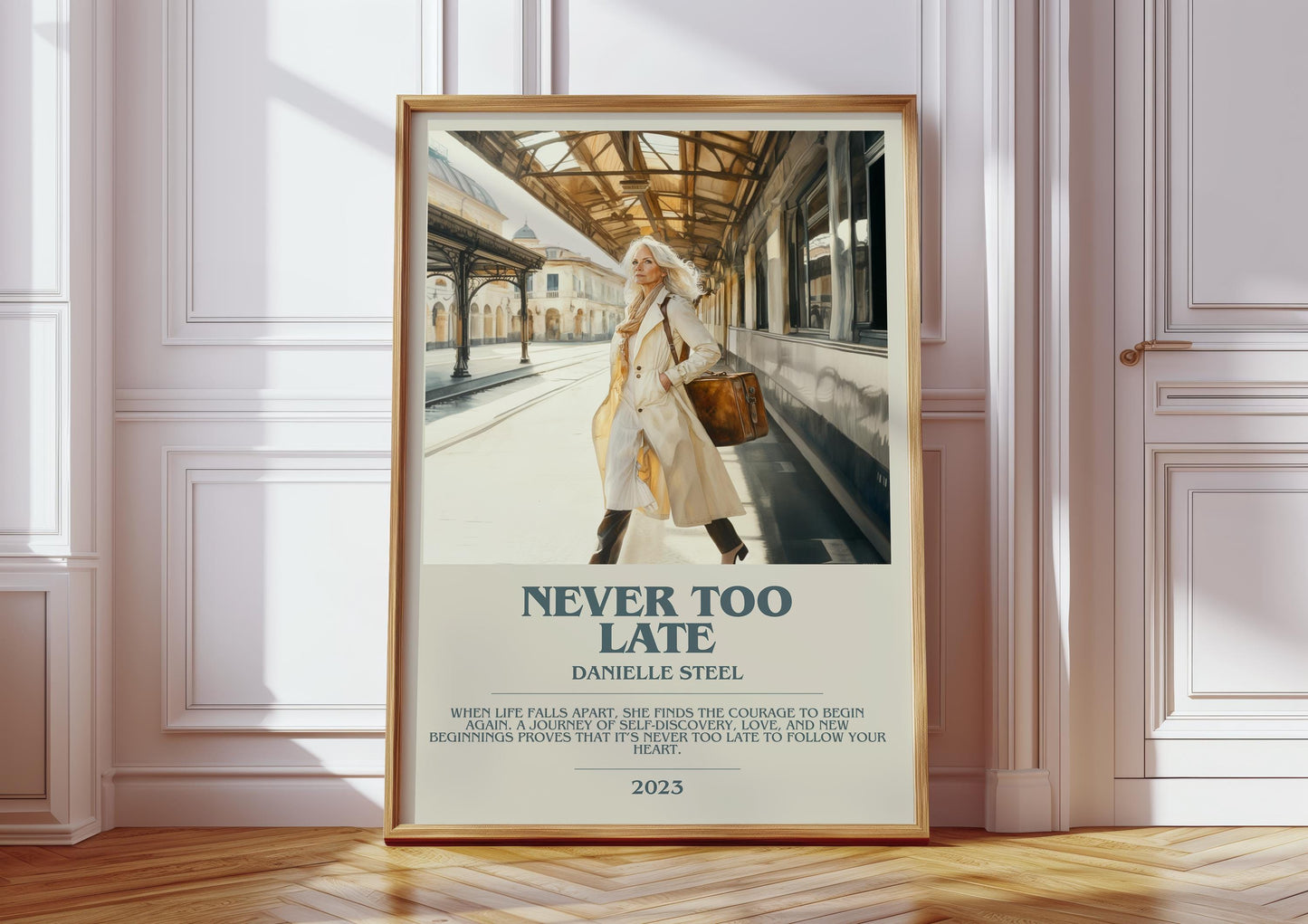 Never Too Late bookish print in frame leaning in hallway – romance wall art
