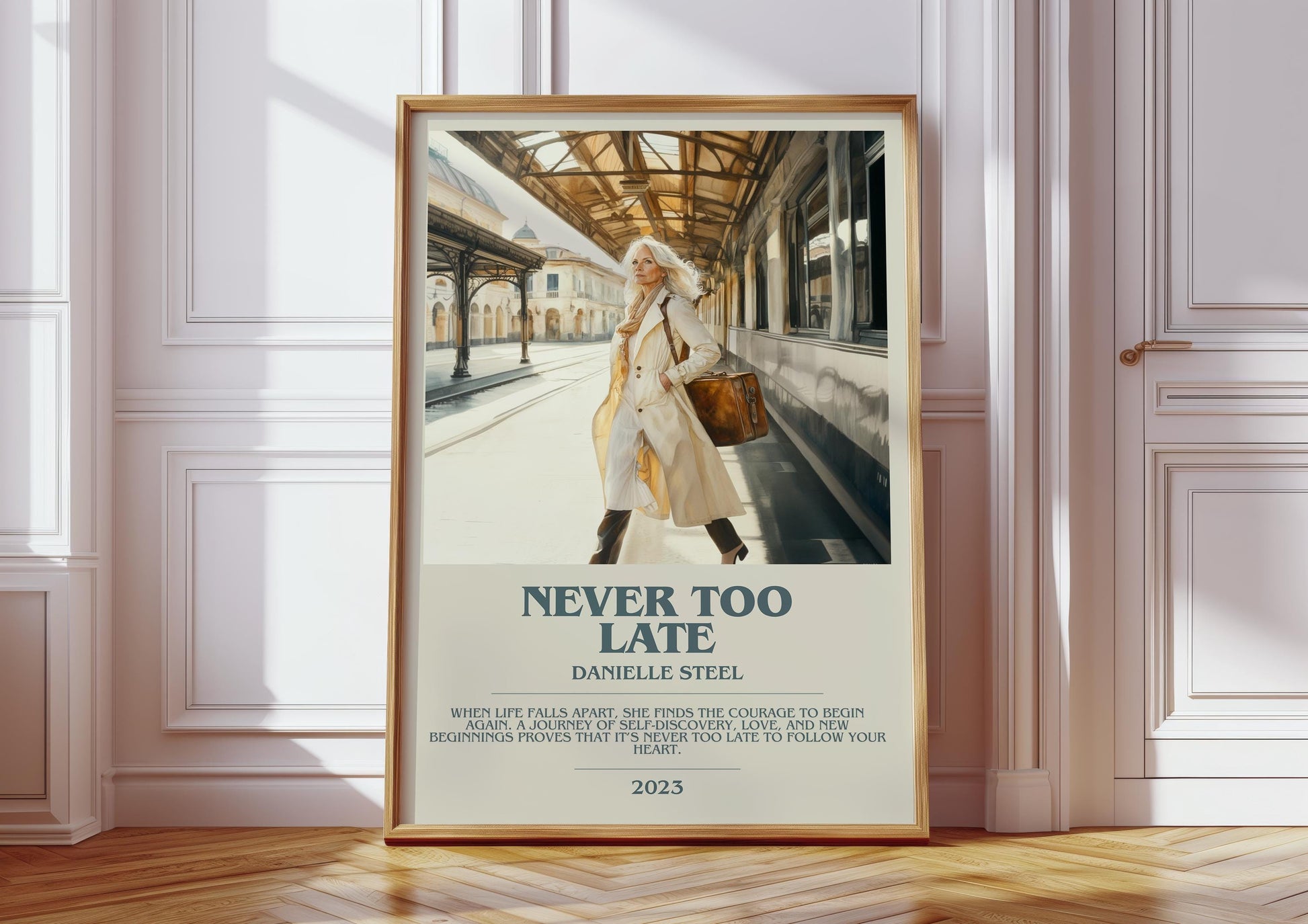 Never Too Late bookish print in frame leaning in hallway – romance wall art