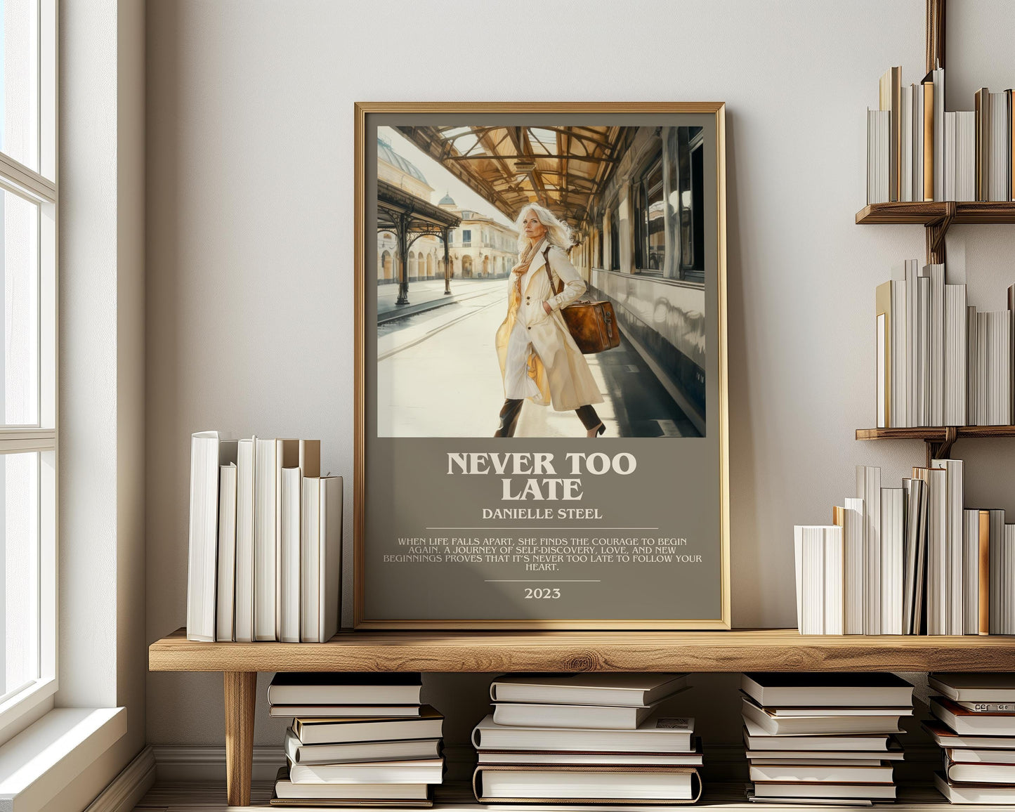 Never Too Late bookish print on bookshelf – Danielle Steel fan gift