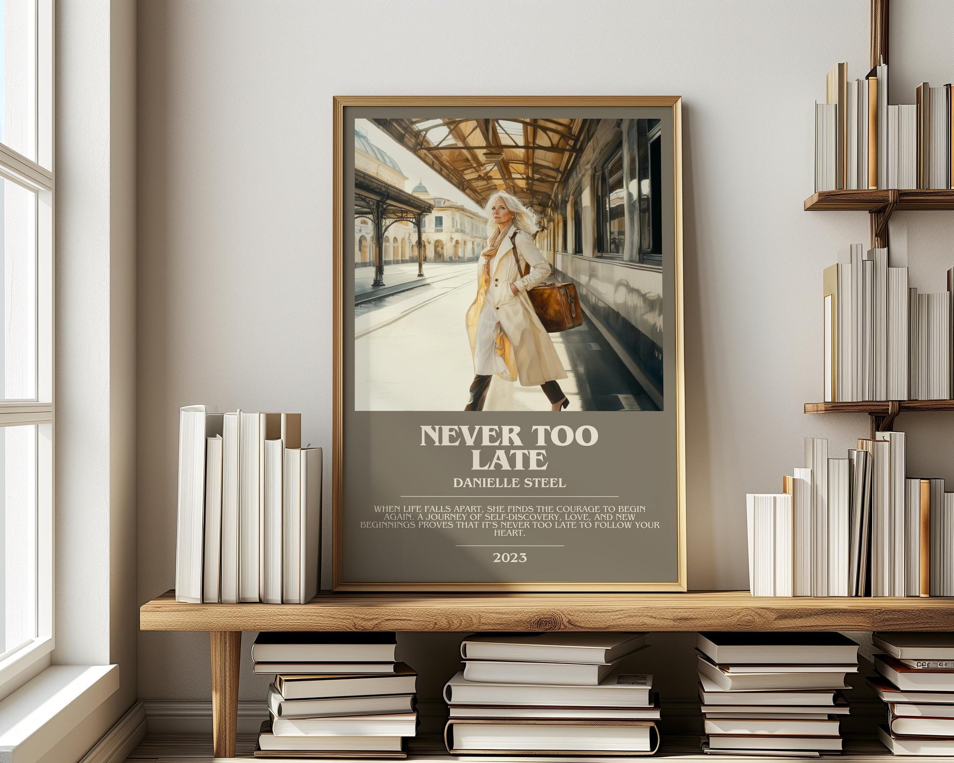Never Too Late bookish print on bookshelf – Danielle Steel fan gift
