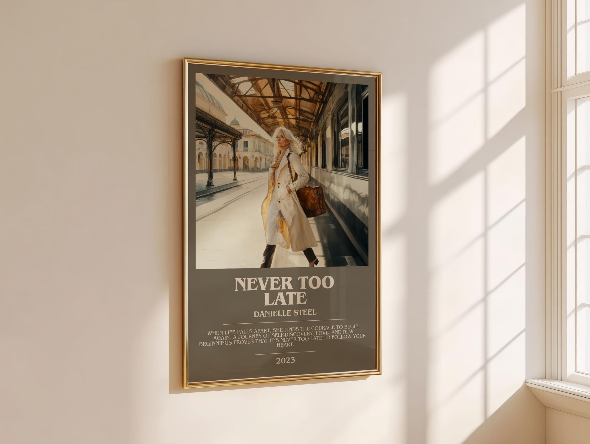 Never Too Late bookish book poster framed on wall – romance wall art