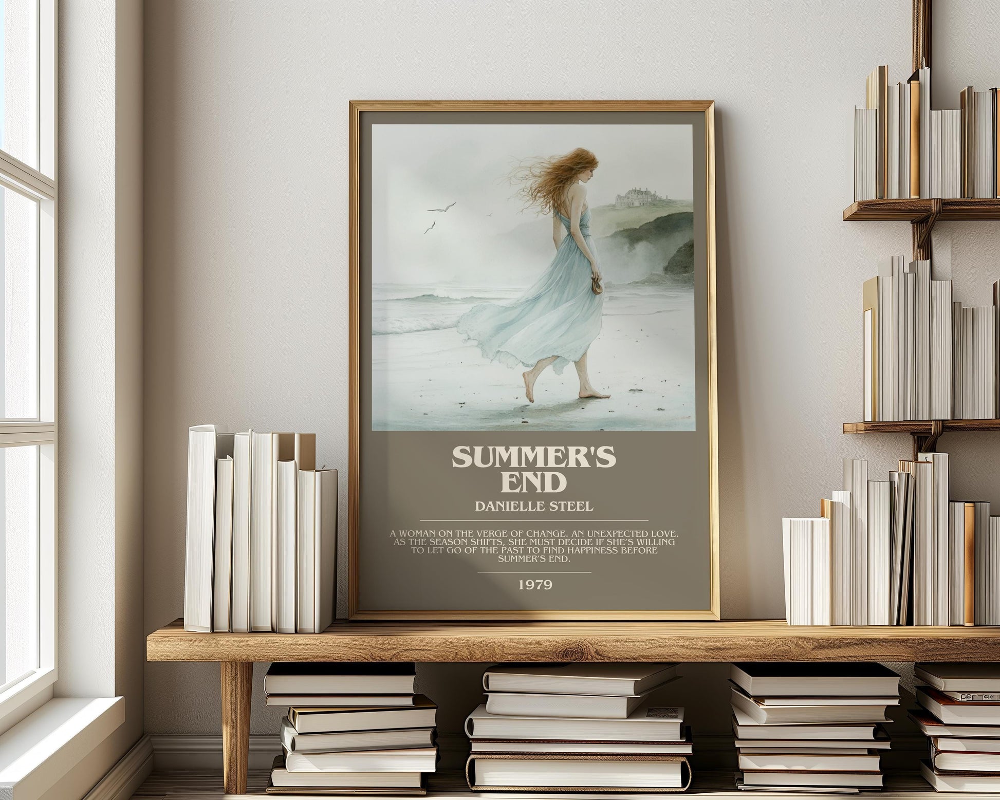 Summer's End bookish print on bookshelf – Danielle Steel fan gift