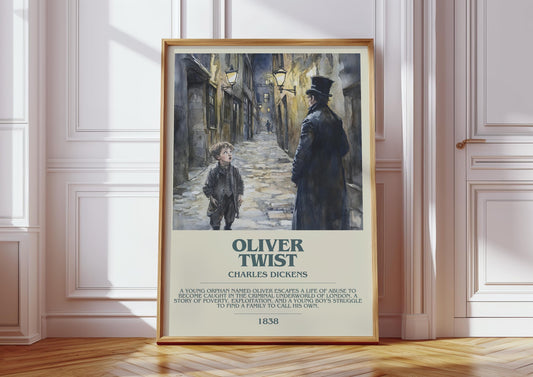 Framed Oliver Twist book poster with illustration of boy and man in dark alley, classic literature