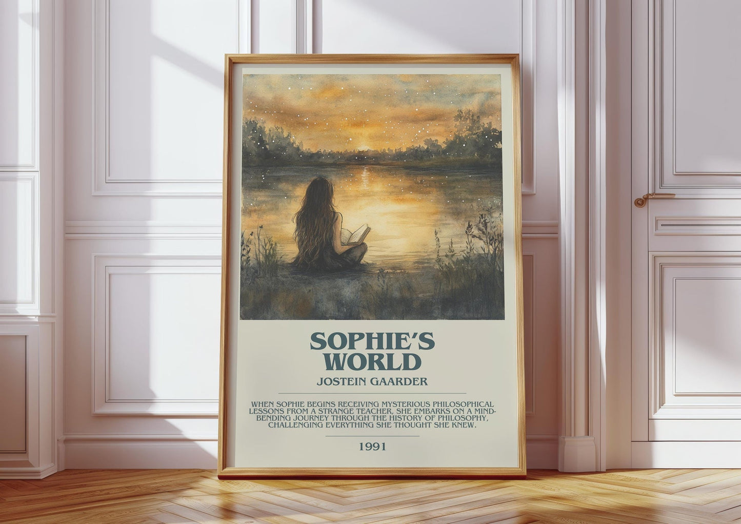 Sophie's World bookish print in frame leaning in hallway – literary fiction wall art