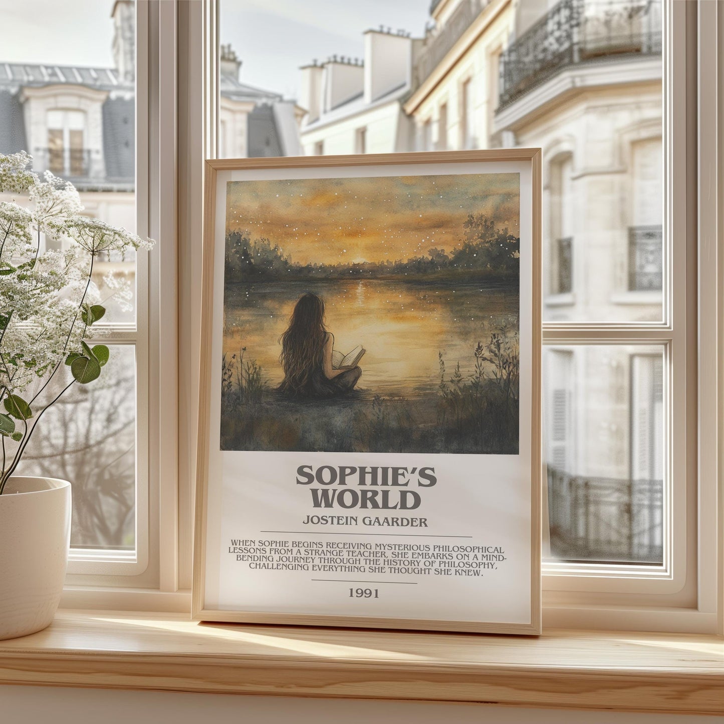 Sophie's World bookish print framed by window – literary home decor
