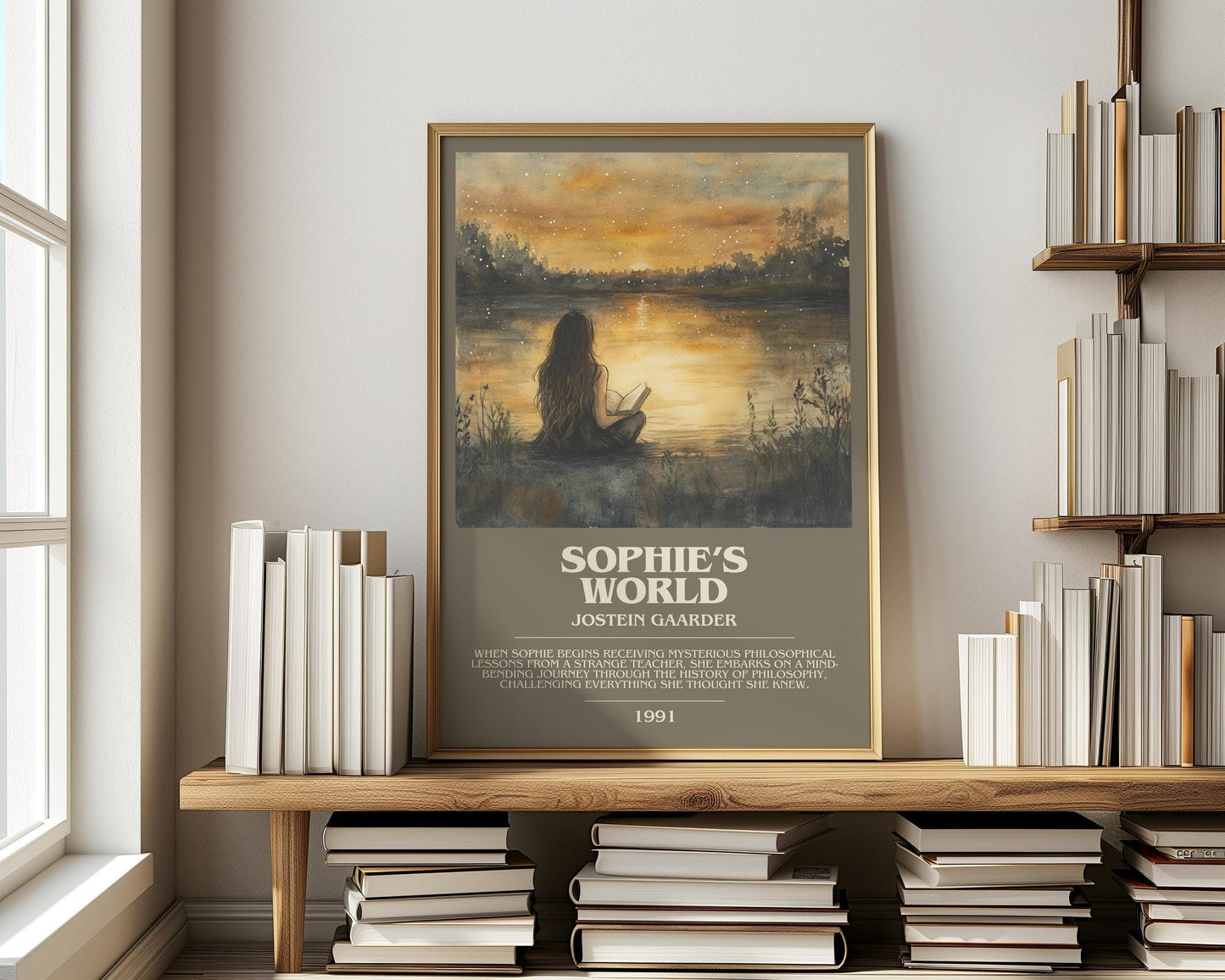 Sophie's World bookish print on bookshelf – Jostein Gaarder fan gift