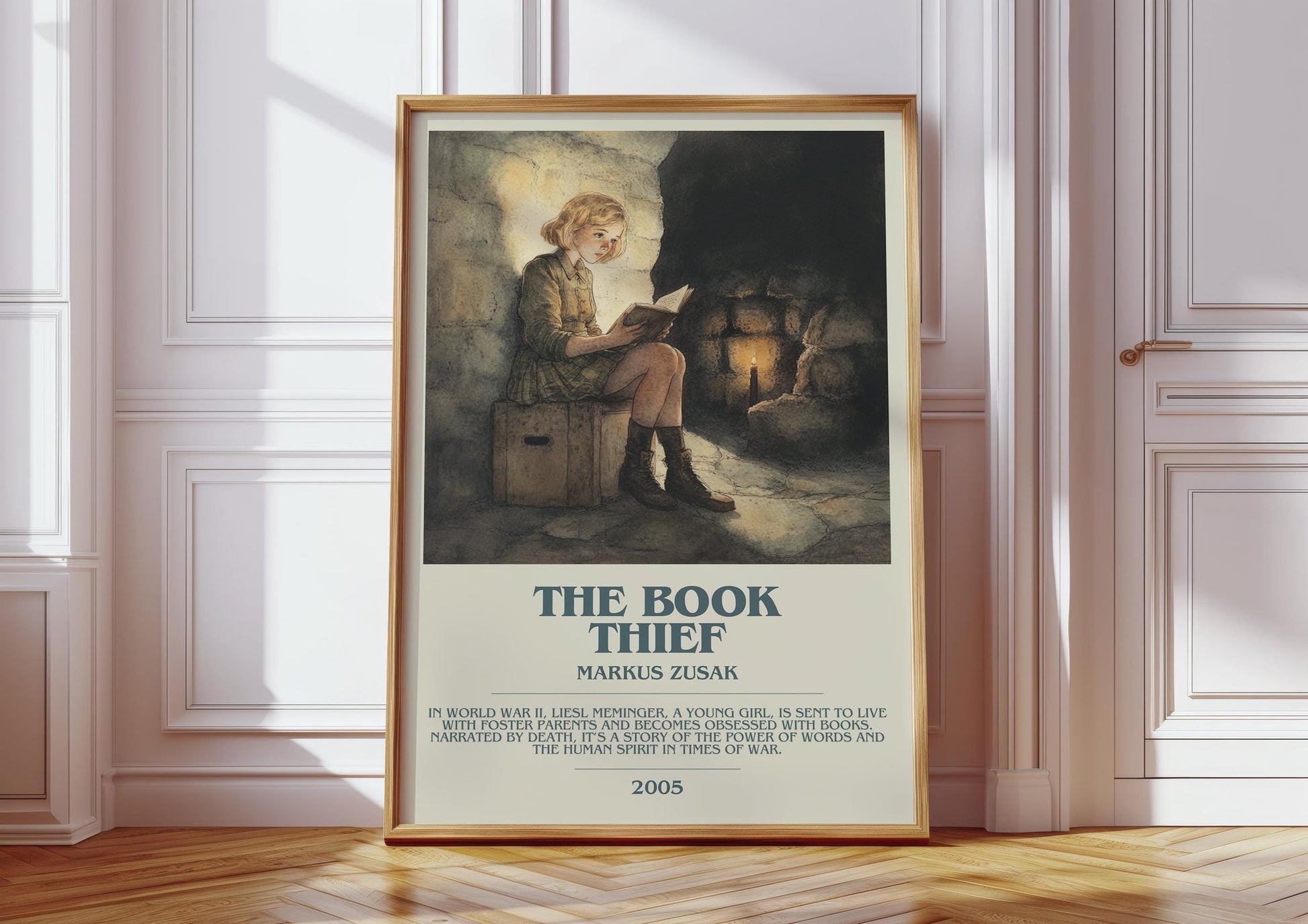 The Book Thief bookish print in frame leaning in hallway – historical fiction wall art