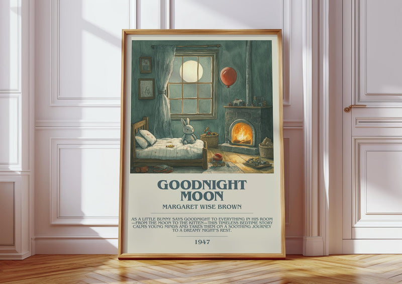 Good Night Moon bookish print in frame leaning in hallway – childrens wall art