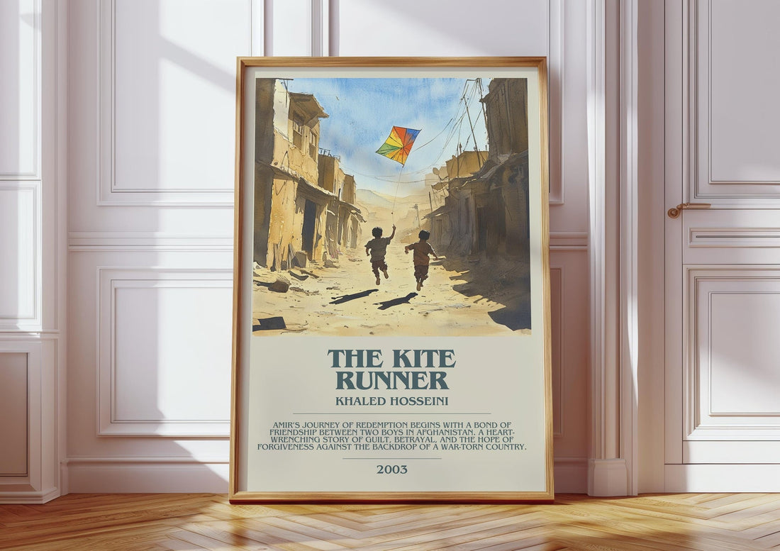 The Kite Runner bookish print in frame leaning in hallway – literary fiction wall art (mockup)