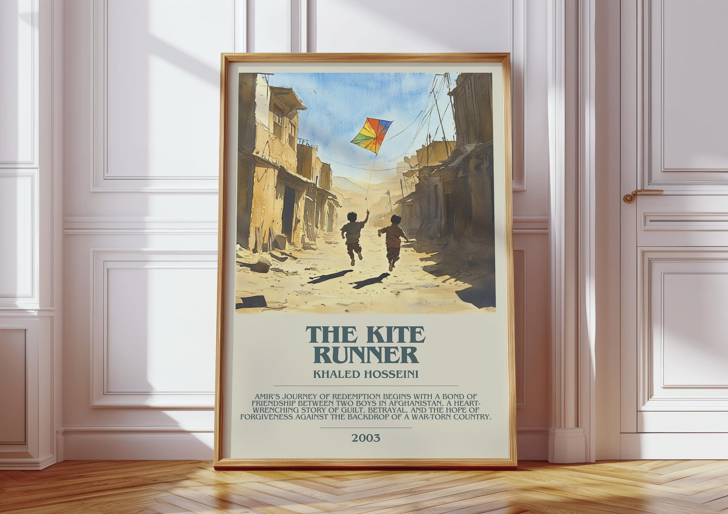 The Kite Runner bookish print in frame leaning in hallway – literary fiction wall art
