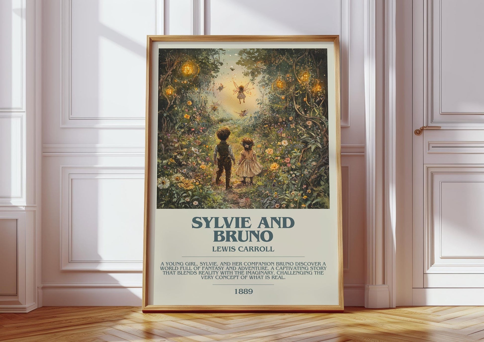 Sylvie and Bruno bookish print in frame leaning in hallway – fantasy wall art